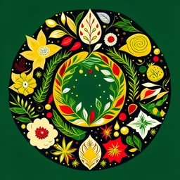 chrismtas motiv in a circel only red, dark green, gold and other chrismtas colors, open space in the middle
