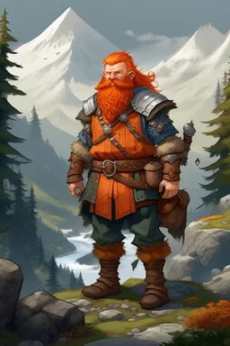 Realistisches Bild von einem DnD Charakters. Männlicher Zwerg mit orangenen Haaren. Er steht im Wald mit Bergen im Hintergrund. Er ist ein Jäger mit einer Armbrust.