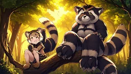 Girl, raccoon tail, raccoon ears, sit on tree, night time, forest, raccoon paws in foot .