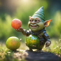 snail gremlin t-pose upper body of gnome goblin orc made from tinted murano glass in long grass inspecting a melon ,bokeh like f/0.8, tilt-shift lens 8k, high detail, smooth render, down-light, unreal engine,bokeh like f/0.8, tilt-shift lens 8k, high detail, smooth render, down-light, unreal engine