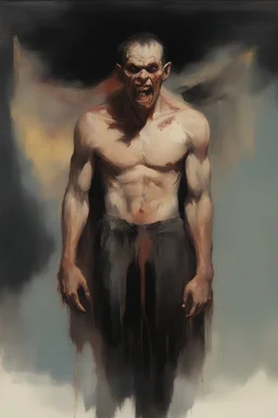 oil painting by Frank Frazetta - a vampire/werewolf hybrid, male, A horribly disfigured and ugly, putrid and disgusting, revolting and deformed, young, nosferatu, detailed, horrific ulcers, dark room, hood, scars, black track suit, scab, black hair - Sun flares, sunbursts - a colorful gradated multicolored, dark red and light red background