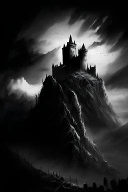 Dark and gritty drawing of a fortress in mountains, dark skies, towers