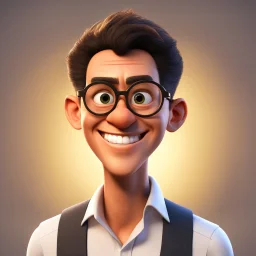 a portrait of smiling man. caricature. black rare hair. light brown skin. black eye pupils. circle eyeglasses with thin gold frame. rectangle face shape. white shirt with black vest. pixar style. 3D. 4k. portrait. highly detailed. sharp focus. high resolution. full color. cinema lighting