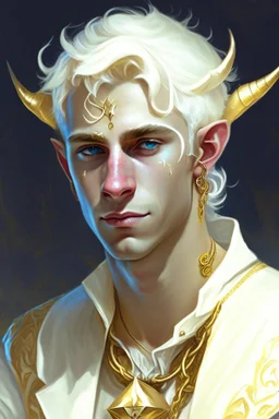 A young tiefling man, with white blonde hair who dresses in gold and white, wearing jewelry