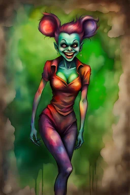 a multicolored, watercolor stained, wall in the background, inspired by all the works of art in the world - laughing - Millie "The Bat" Miller, an extremely tiny, thin, voluptuous beautiful mickey mouse-faced vampire werewolf zombie female with a emerald mohawk, full body image, wearing a skinsuit, Absolute Reality, Reality engine, Realistic stock photo 1080p, 32k UHD, Hyper realistic, photorealistic, well-shaped, perfect figure,