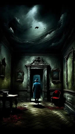 a dark room in a delusional state haunted by ghostly images, paint it in the baroque style, as if the man is horrified