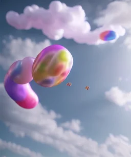 Ultra realistic speed clouds sky scene, wide angle view, sweet women falling down, inflatable color clothing, free jumping flying, many trinkets, hair monster, many jelly beans, balls, color smoke, smile, happy, circus style, extreme, wind, clouds sea, 20,000 feet altitude, stratosphere, soft color, highly detailed, unreal engine 5, ray tracing, RTX, lumen lighting, ultra detail, volumetric lighting, 3d, finely drawn, high definition, high resolution.