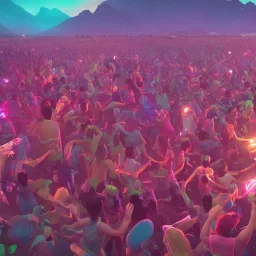 GIANT DANCE PARTY, FESTIVAL IN THE MOUNTAINS, MUSIC FESTIVAL, CROWD, ALIENS, cinematic lighting, 4k, 8k, octane render, digital concept art, extremely detailed, ambient lighting, PINK