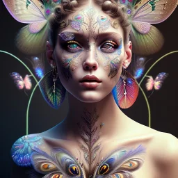 perfect woman portrait , perfect eyes, peacock feathers, face tattoo, curly hair, earrings, butterflies, plants, wildflower, facepaint, intricate, oil on canvas, masterpiece, expert, insanely detailed, cinematic smooth, intricate detail, soft smooth lighting