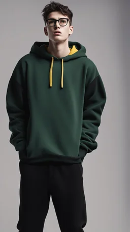 generate a tall guy with green eyes, black short hair, black rectangular glasses, plump lips, wide shoulders, in a black sweatshirt, black pants with pockets on the hips, yellow short socks, in black sneakers, wide shoulders, the guy is crying