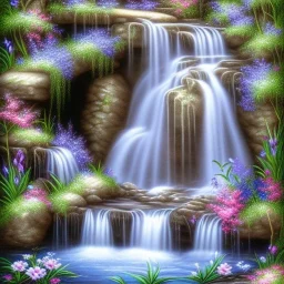 Waterfall spring blue silver water nymph flowers