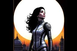 A slim Woman With Black shoulder length hair, Wearing a silver and black space suit, with no helmet, standing sot the right, sideways on a ledge of a building, with a moon Behind Her Head, towering spires and buildings highlighted by the setting sun