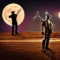 cyborg one man band, full moon background center large, steampunk style, horizontal image