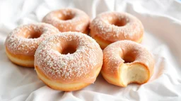 just Sugar-coated fluffy no holes hungarian Donuts lies on white Cloth, high realistic, detalied, random background, perfect food Photo