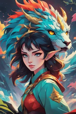 A dragon mixed with a mythical lion and a human female elf.Dramatic and powerful look and feel. Extensive attention to details. Bold lines. Vivid colors. 80s style retro anime art. Double exposure. cartoon style. cubism style