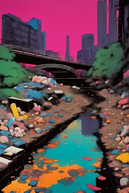 painting of a cyberpunk colourful natural walkway rubbish on the street in the city with pollution and a small bridge by a creek with electric sheep and androids by andy warhol