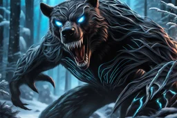 Shadow symbiote in 8k sci-art drawing style, bear them, neon ice power, ice forest, highly detailed, high details, detailed portrait, masterpiece,ultra detailed, ultra quality