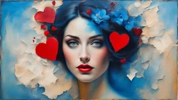 old painting, torn edges, blue, WOMAN, love, red heart, light, flower, double exposure, abstract surreal portrait, oil painting in impressionism, large strokes, airbrush effect, textured painting, antique style, vintage, semi-abstract, semi-realistic, surreal .