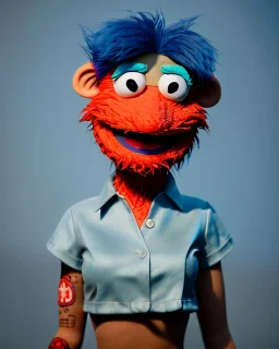 hybrid character, waitress sexy Asian woman with monster muppet mask that covers her entire head, red pop, short shirt, old school tattoo, retro style, Sesame Street style, neon, smooth, unreal engine 5, god lights, ray tracing, RTX, lumen lighting, ultra detail, volumetric lighting, 3d.