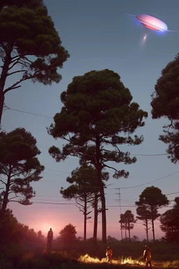 school kids see ufo flying over tall pine trees near a powerline with (three lights underneath) and lots of lights all around the edge, the year is 1966 in color, concept art, by Asaf Hanuka, by Weta Digital, Electric Colors, Screen Space Global Illumination, in a symbolic and meaningful style