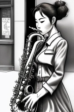 One single mature female cat playing saxophone on the street, swinging dress, Osaka, thoughtful, mourning, model style, hyper realistic, extremely accurate, delicate, extremely detailed, Graphic novel style, wide-angle, open aperture, superfine pencil