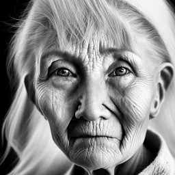 beautiful black and white photo portrait of an old woman white hair