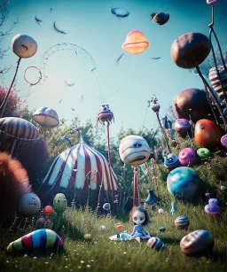 Tim burton photographer, Ultra realistic garden scene, wide angle view, child playing with feather pillows and sweet inflatable monsters, circus dress style, feather color, free jumping, many trinkets, hair monster, many jelly beans, balls, smile, extreme, wind, soft color, highly detailed, unreal engine 5, ray tracing, RTX, lumen lighting, ultra detail, volumetric lighting, 3d, finely drawn, high definition.