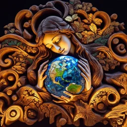 🔥 PROMPT: A surrealistic art piece featuring Mother Earth cradling Planet Earth in her arms. The sculpture is intricately carved from interlacing wood, with stained glass inlays that illuminate the artwork. The filigree design draws inspiration from Irish folk art, blending the styles of James Rizzi, Mary Anning, Rufino Tamayo, and Carl Kleiner. Set against a dark background, the illuminated sculpture installation presents a stunning fusion of nature and art, with detailed craftsmanship and vib