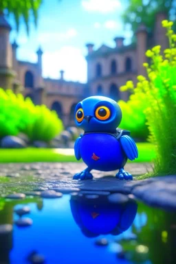 adorable cute chat priest robot with short punk hair and real human reflective eyes, blue fluffy birds by pond in garden of st. Barbara cathedral, its such a perfect day, motion blur, smoke, 8k, downlight, soft light, depth of field, photorealism, trending on art station, lotsa detail