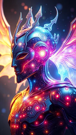 A shimmering, ethereal silicon sentinel, guardian of a mythical realm, emanates an otherworldly glow. This fantastical being is depicted in a detailed digital painting, showcasing its intricate circuitry etched in glowing patterns. The image captures every minute detail, from the intricate filigree adorning its metallic surface to the pulsating energy emanating from its core. The colors dance with an intensity that seems to leap off the screen, drawing the viewer into the enchanting world of thi