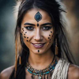 Shaman young woman with dark marks around her eyes and a mysterious smile