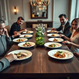 dinner table with large family seated with large white plates in front of them with incredibly small minimal portions of gourmet fusion foods, haute cuisine, photorealism, HD,