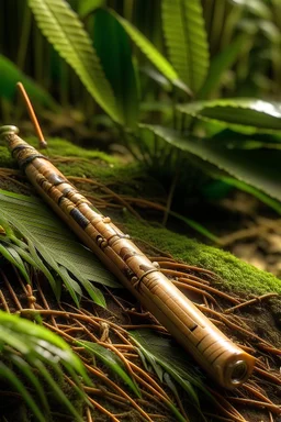 una flauta pequeña casera y no tan perfecta hecha de materiales naturales de la selva