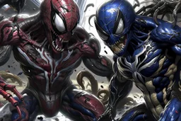 Imagine/ venom and spiderman in a battle ,Hyper-detailed ,8k, by xanuth