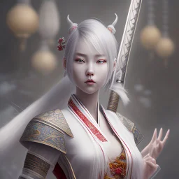 UHD, hd, 8k, hyperrealism, Very detailed, zoomed out view, full character in view, white hair female demon character wearing a hanbok with a white top and long red bottom, she holds a katana in her right hand, she stands in front of a Japanese style palace digital art, anime, full details