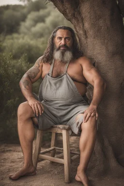 half figure shot photography of a marocan ugly dirty burly muscular chubby farmer 46 years old, bullneck, strong arms, big belly, manly chest, very sweat, short beard, tattoo, dreadlocks , short bulging pants, open legs sitting on a chair under an olive tree , barefoot, ambient occlusion, cinematic shot, hyper detailed photography, photorealistic, 35mm lens, side light, frontal view from below, natural colors