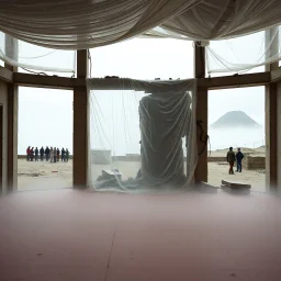 A Hasselblad H6D-400c photo of an odd room with structures. A transparent tarpaulin covers a ruined building. There is a group of people in the background and a high hill in the distance. The surface below is in a pastel color. Fog is present.