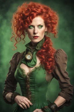 Forty year old steampunk woman with green eyes and red curls wearing a green dress without a hat