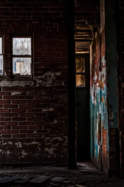 side of an old brick building, with windows, a doorway at the bottom, and worn out painted mural across the top