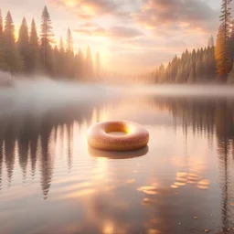 photoreal glistening donut floating on a misty lake by golden hour near a forest