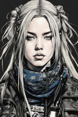 Billie Eilish as a goth punk mercenary huge girl, illustration by Yoji Shinkawa and Katsushika Hokusai, finely detailed facial features, finely drawn and inked, 4k, symmetric, hyperdetailed , obsidian and metallic blue tones