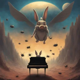 monochromatic black and white bugs bunny composer piano, diffrent planet, one swine pig piggy flying wasp angel, beksinski style daker theme dark black dark black monochromatic