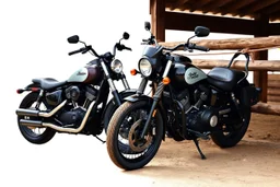 a motorcycle(harley davidson pan america 1250) next to a different motorcycle(Indian Springfield Dark Horse) , next to a horse who's tied by the reins to a wood railing. white background. dirt ground. silkscreen style image