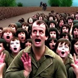 A foot falling down from the sky onto an army of children, in the style of Monty Python