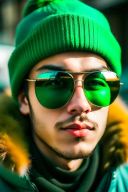 A yung man with huge sun glasses and a green winter hat