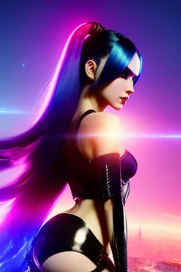 Futuristic fantasy character, portrait from waist up, pale skin, latex and leather attire, blue eyes, multicolor hair, intricate eyeliner, vibrant eyeshadow, clear completion, soft lighting, 4k resolution, intricate details, insanely detailed, colorful cityscape background, masterpiece, expert, cinematic smooth, retroanime style, realistic details, no helmet