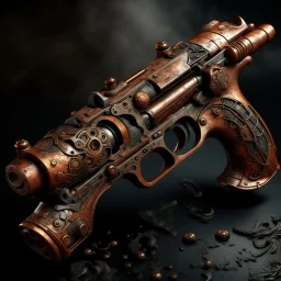 Create an image of old corrosion pirates gun copper with strange runes