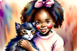 A cute smiling Afro-American girl is holding a kitten. Watercolour