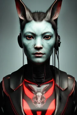 Medium Close Up Portrait, Front image. cyberpunk, rabbit mask, asian woman, short hair. Latex suit army. white, red, color. Yakuza style. Color background, photo studio. Avatar image, highly detailed, concept art, smooth, unreal engine 5, ray tracing, RTX, lumen lighting, ultra detail, volumetric lighting, 3d, finely drawn, high definition, high resolution.