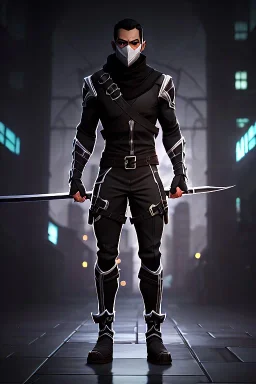 muscular ninja assassin, athletic build, wearing black and gray baggy pants with pockets, black hood and black balaclava mask, buckles, straps, pockets, daggers around arms, tan skin, big boots, dark hazel eyes, eyes are both in proportion, 3/4 look, standing, dark cobblestone alley, one halo candle light behind head, intense, non photorealistic rendering in the art style of j.scott campbell